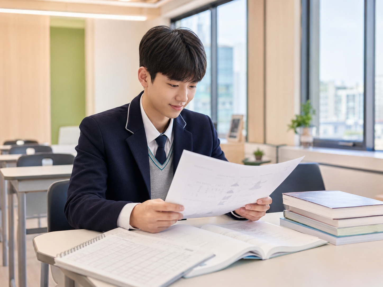 교실에서 종이를 읽는 학생 · 시험 준비 참고 사진